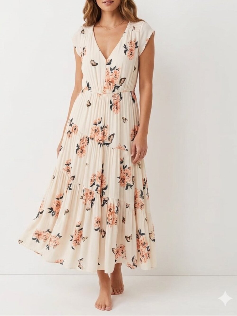 Free People All I Got Floral Ivory Butterfly Maxi Dress Size 4 Cottagecore